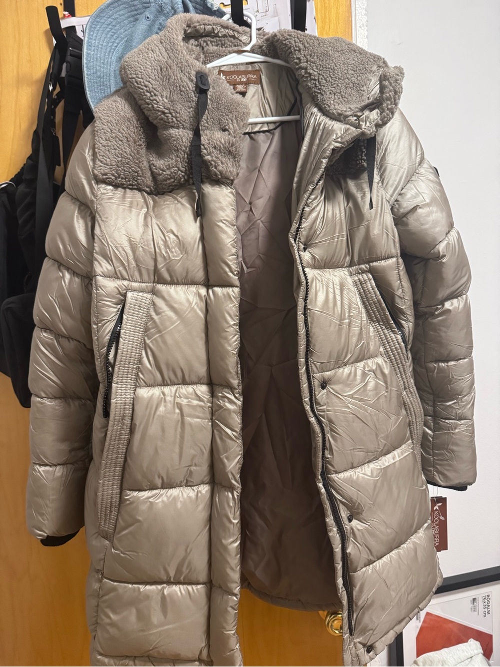 Koolaburra Woman’s Taupe Quilted Puffer Coat with Sherpa Hood